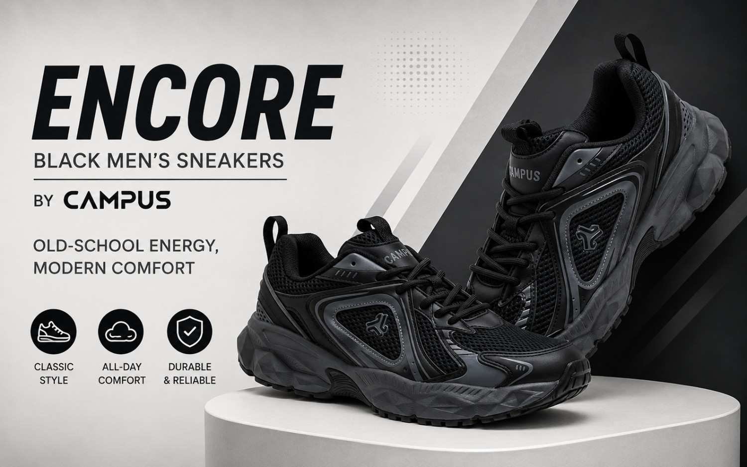 ENCORE Black Men’s Sneakers by Campus: Old-School Energy, Modern Comfort