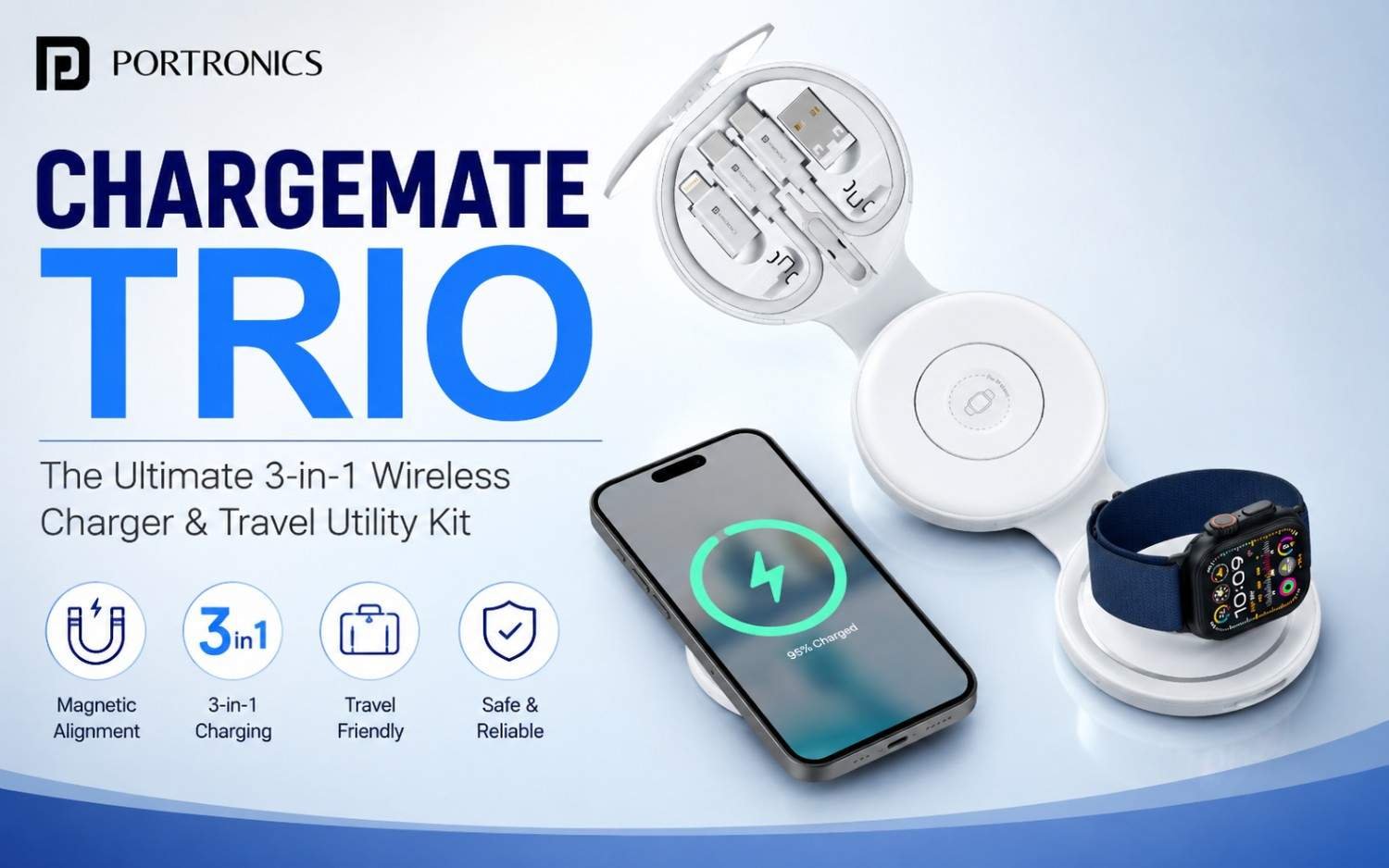 Portronics ChargeMate Trio: The Ultimate 3-in-1 Wireless Charger & Travel Utility Kit