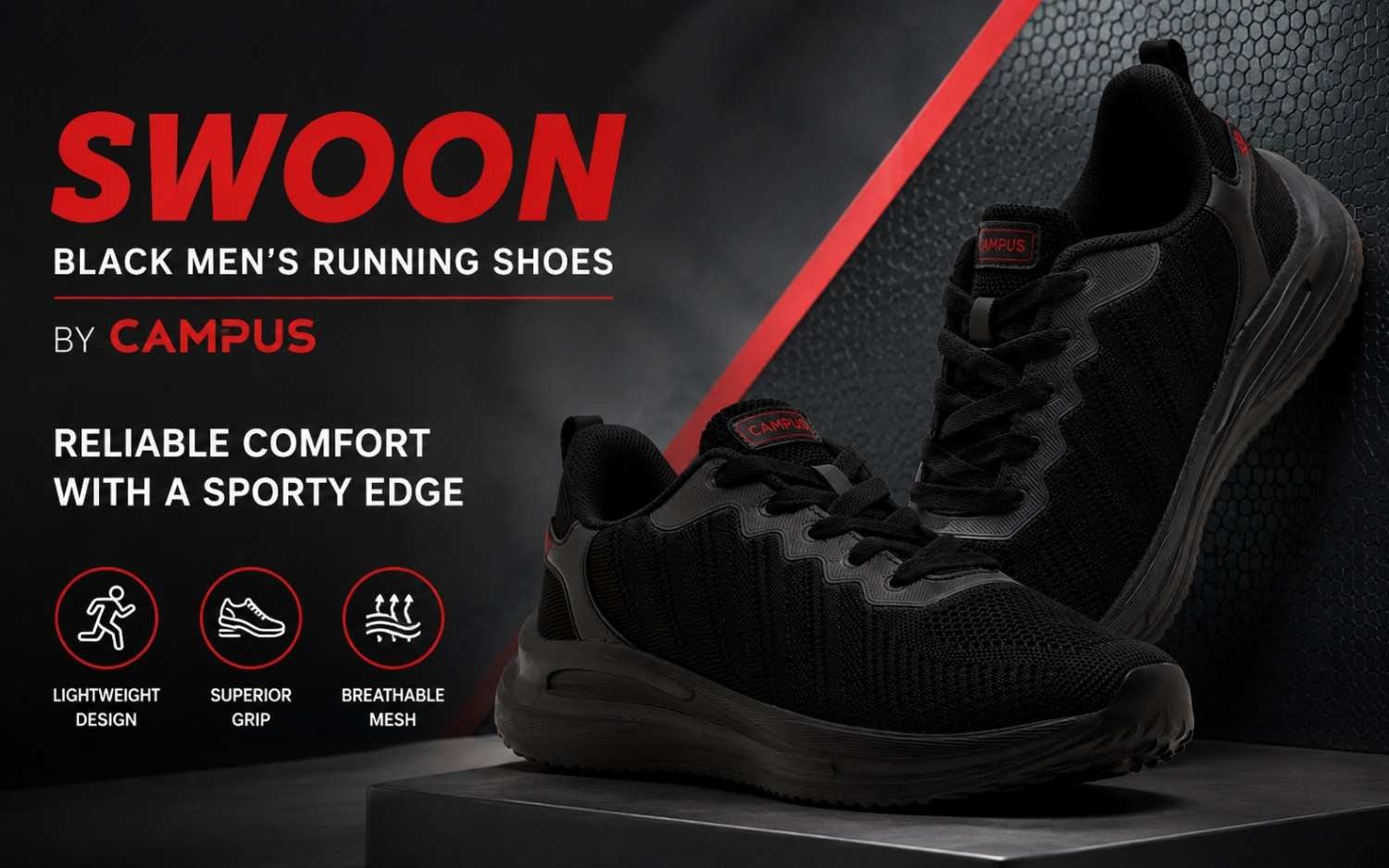SWOON Black Men’s Running Shoes by Campus: Reliable Comfort with a Sporty Edge